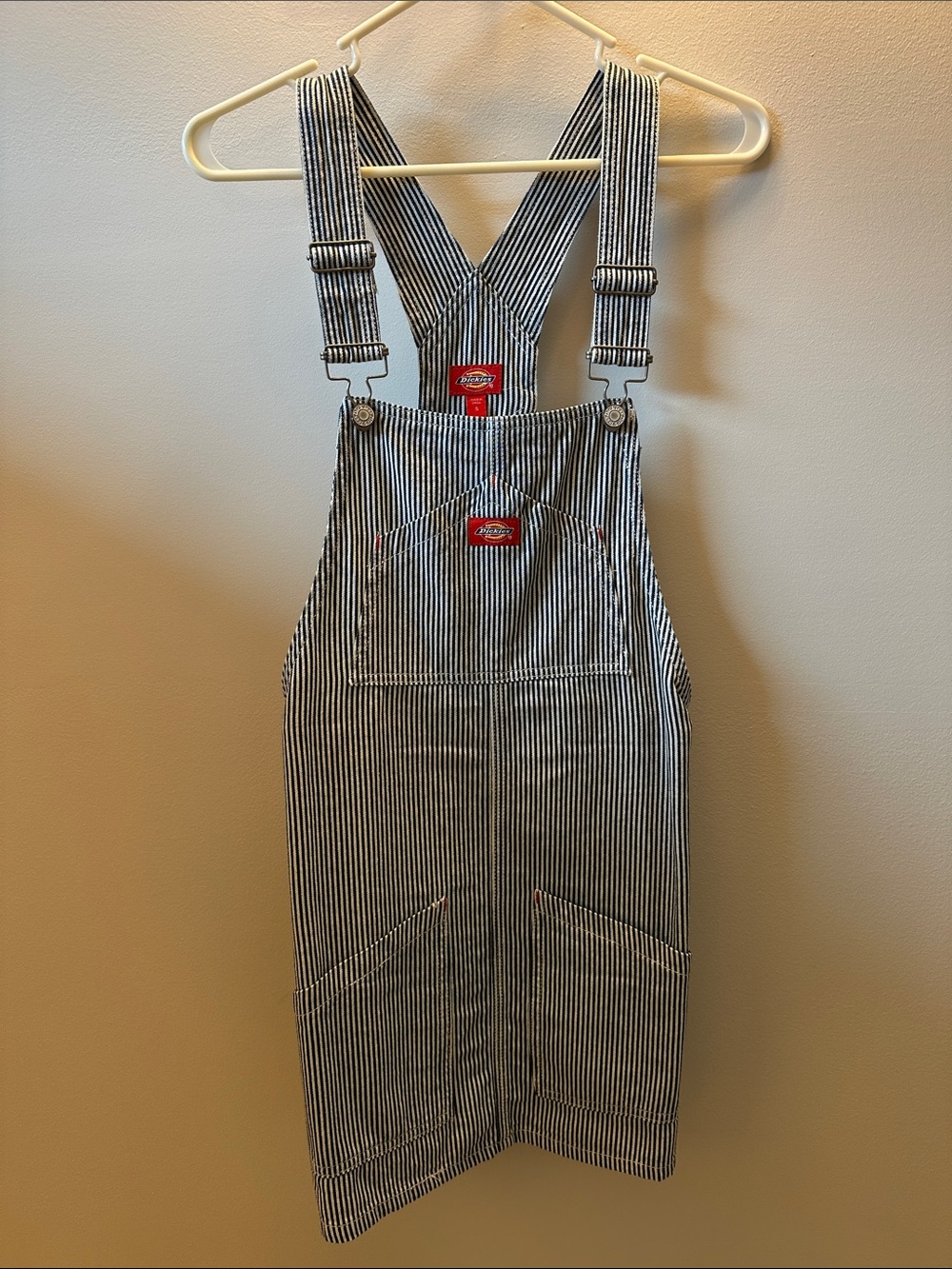 Dickies Women's Black and White Striped Denim Overall Dress